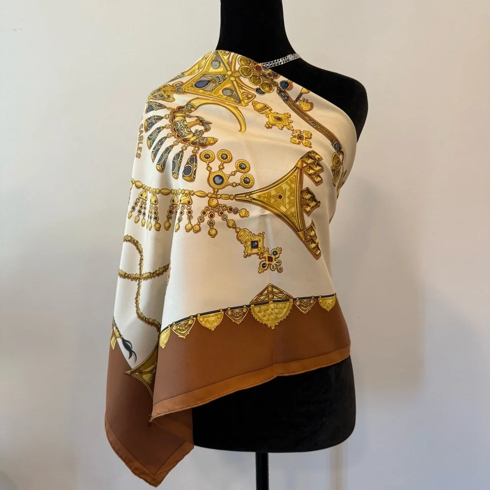 Hermès Paris Brown and Gold Silk Scarf